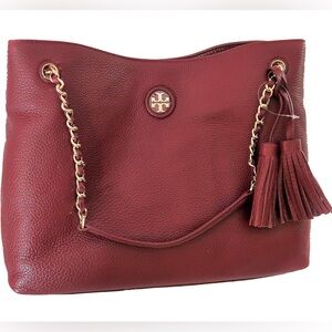 Tory Burch Burgundy Leather Shoulder Bag with Gold Accents